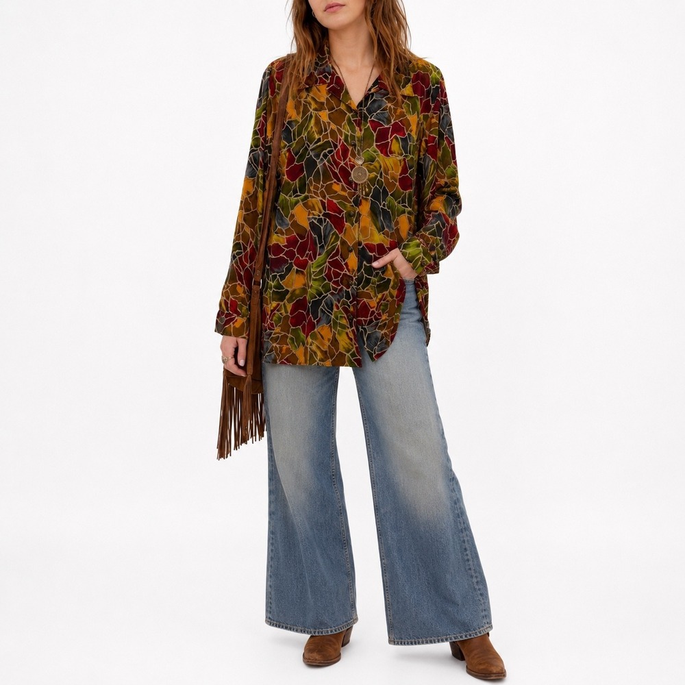 Vintage Caron Components Stained Glass Abstract Print Button Boho Shirt Large